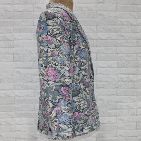 VINTAGE Blazer Jacket Floral Tapestry Look Woven Muted Woven Office Blue Medium - Picture 3 of 11